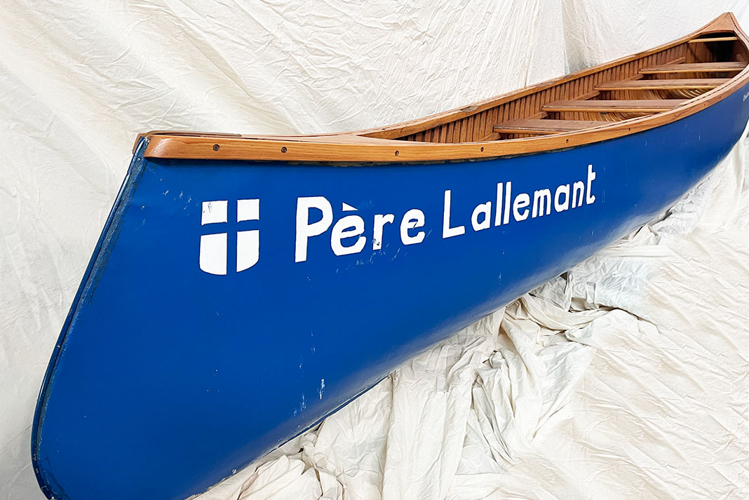 a famous blue canoe from the Canadian Canoe Museum’s collection called the Père Lallemant