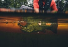 underwater photo of angler handling fish below water's surface by side of fishing kayak