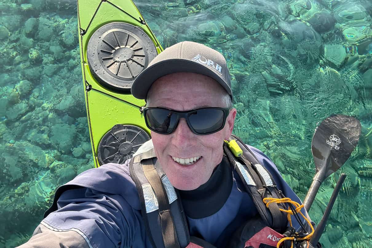 John Chase from Paddling the Blue Podcast near Power Island on Lake Michigan.