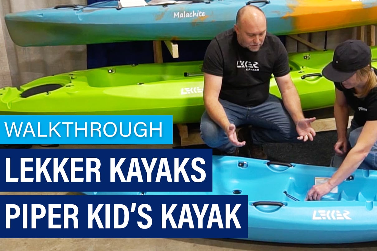 Text walkthrough of the Lekker Kayaks Piper Kid's Kayak over image of the kayak