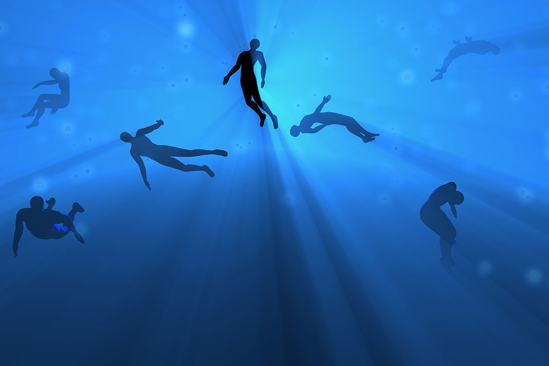 illustration looking up through the water at silhouetted bodies drowning